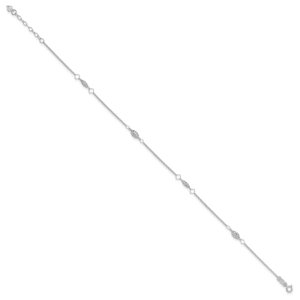 14K White Gold Circle Chain Diamond Cut Rice Puff Beads 9in Plus 1in Ext An
