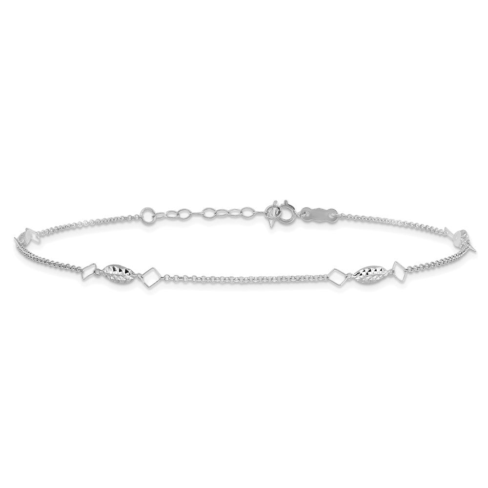 14K White Gold Circle Chain Diamond Cut Rice Puff Beads 9in Plus 1in Ext An