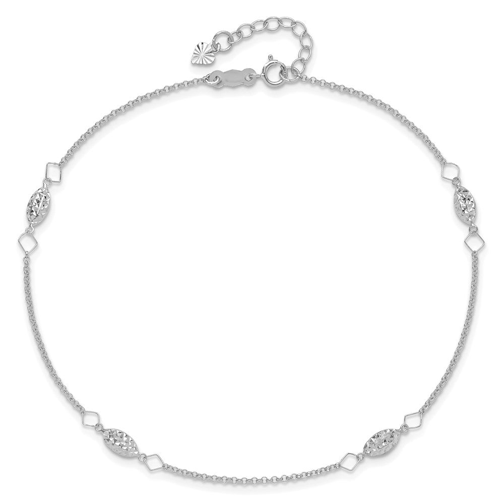 14K White Gold Circle Chain Diamond Cut Rice Puff Beads 9in Plus 1in Ext An