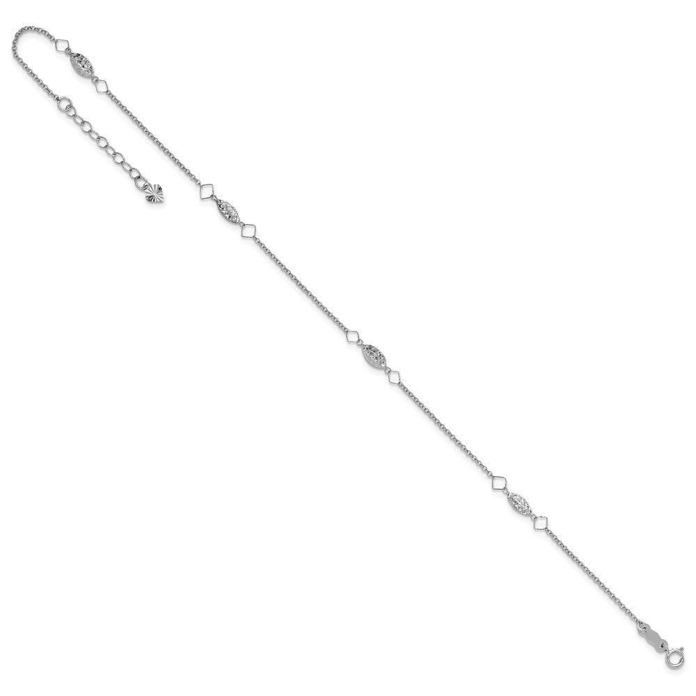 14K White Gold Circle Chain Diamond Cut Rice Puff Beads 9in Plus 1in Ext An