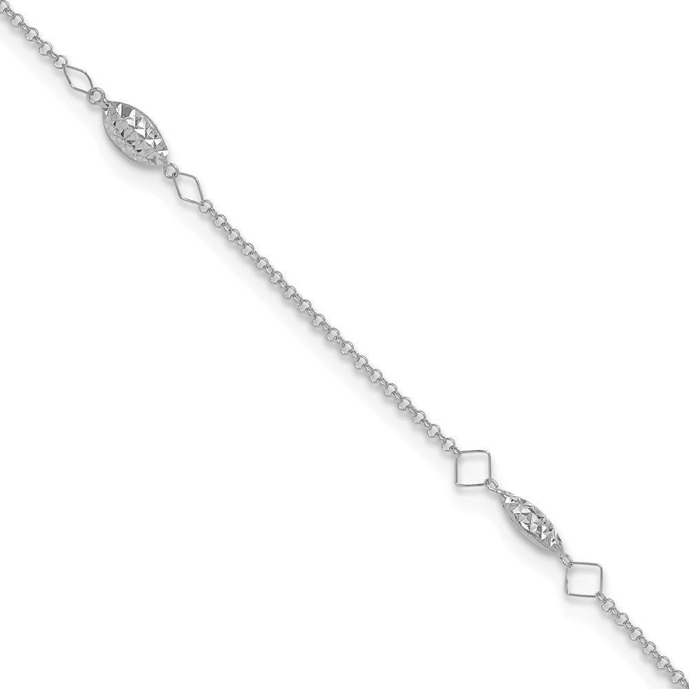14K White Gold Circle Chain Diamond Cut Rice Puff Beads 9in Plus 1in Ext An