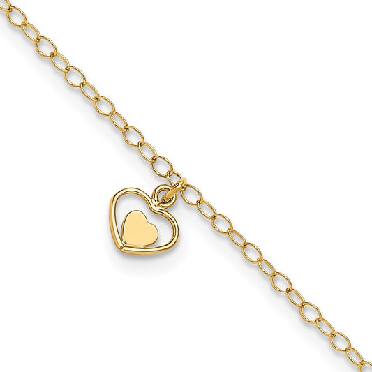 14K Polished Hearts 10in Plus 1in ext. Anklet
