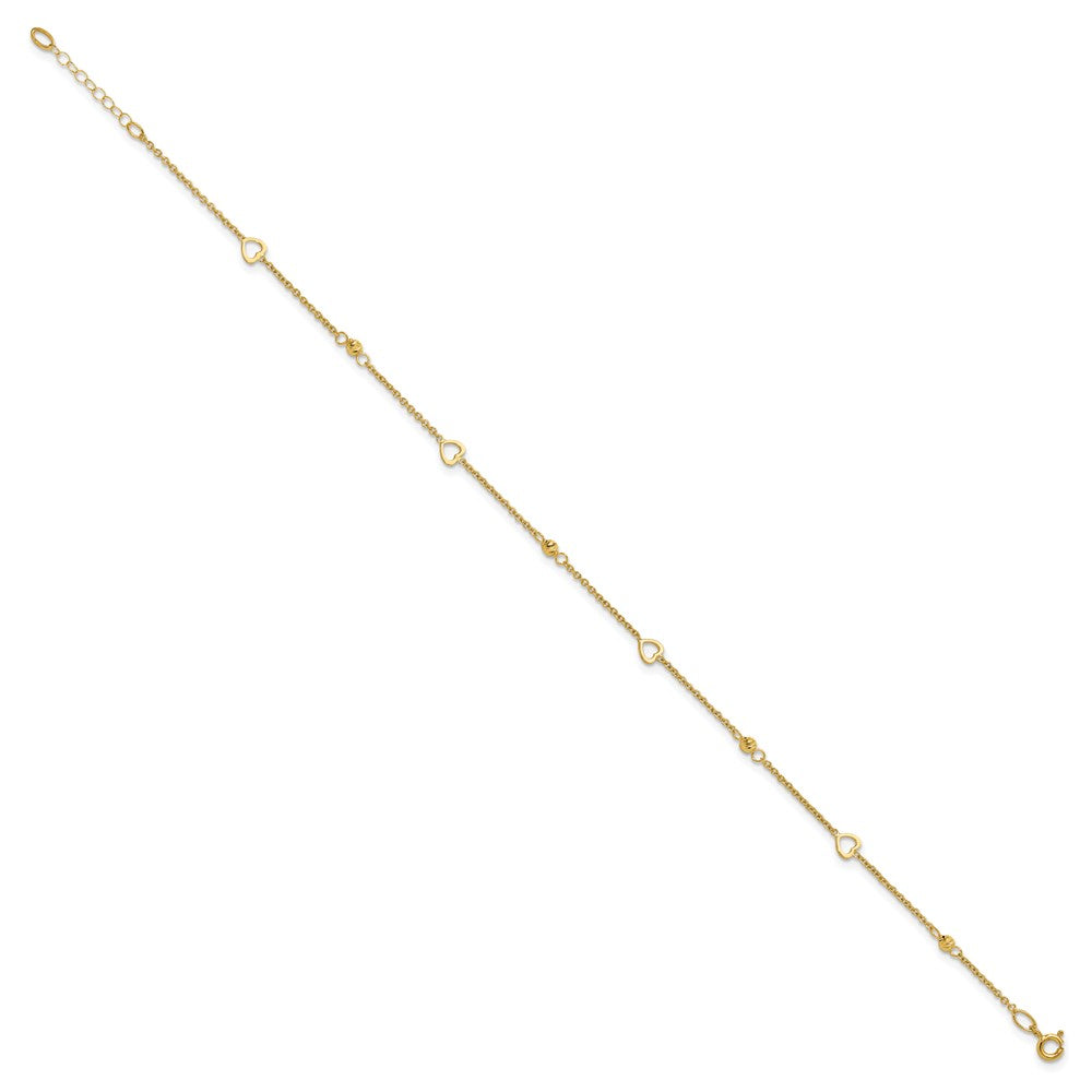 14K Polished and Diamond-cut Hearts 10in Plus 1in ext Anklet