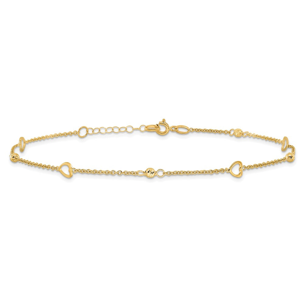 14K Polished and Diamond-cut Hearts 10in Plus 1in ext Anklet