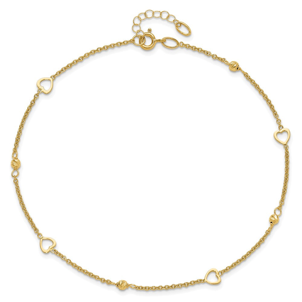 14K Polished and Diamond-cut Hearts 10in Plus 1in ext Anklet