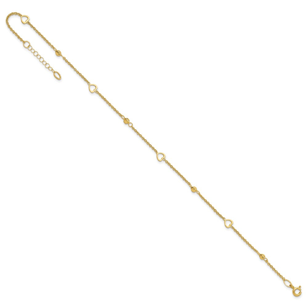 14K Polished and Diamond-cut Hearts 10in Plus 1in ext Anklet