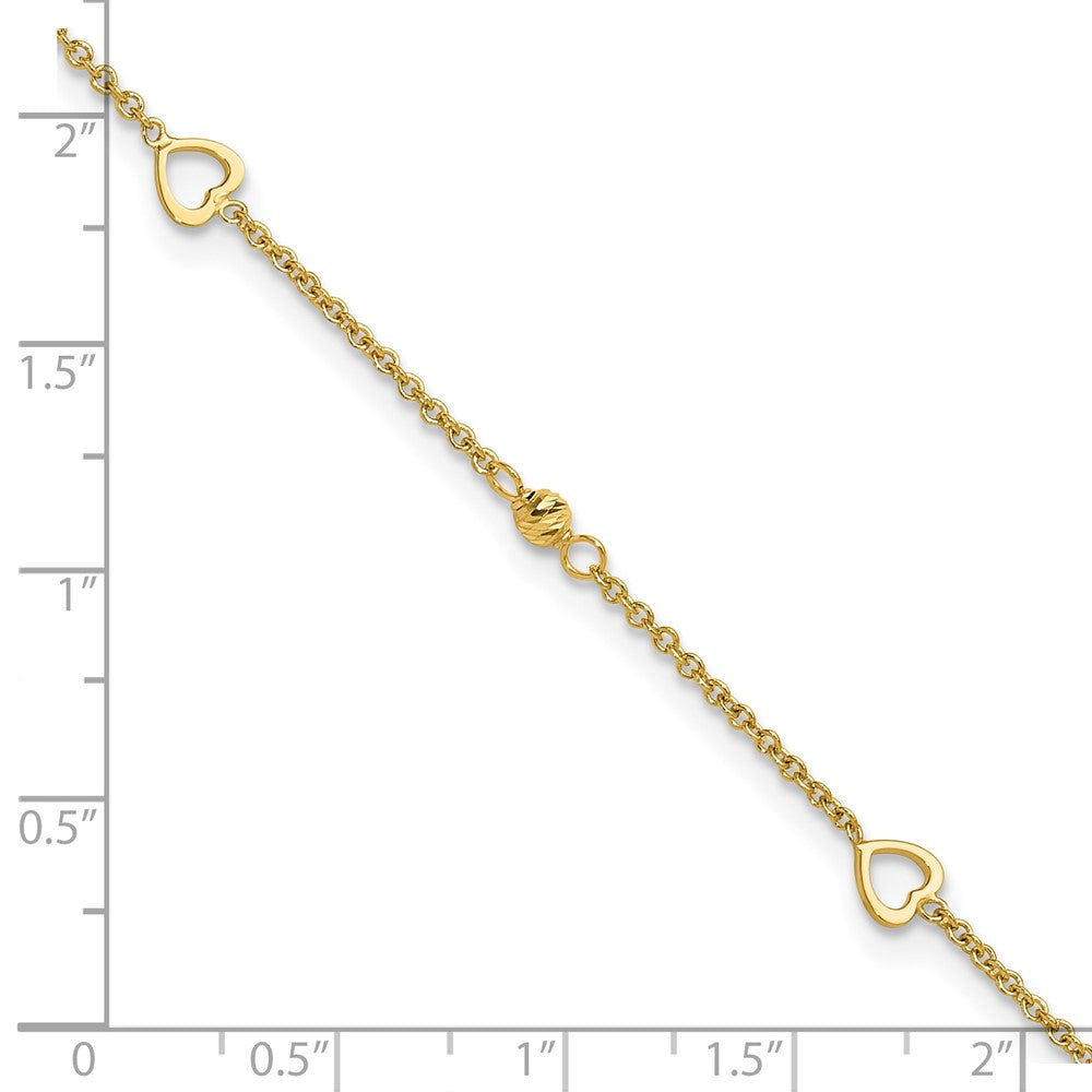 14K Polished and Diamond-cut Hearts 10in Plus 1in ext Anklet