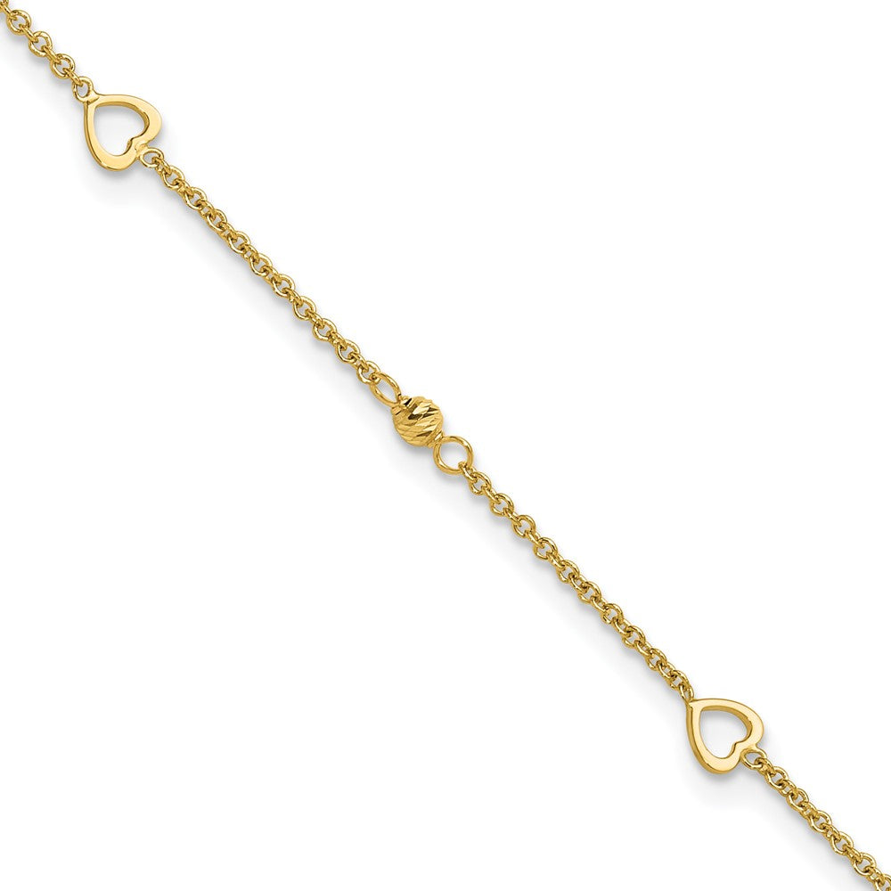 14K Polished and Diamond-cut Hearts 10in Plus 1in ext Anklet