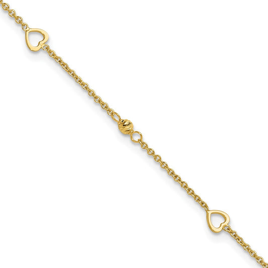 14K Polished and Diamond-cut Hearts 10in Plus 1in ext Anklet