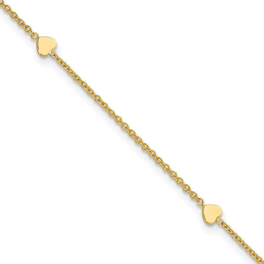 14K Polished Hearts 10in Plus 1in ext. Anklet
