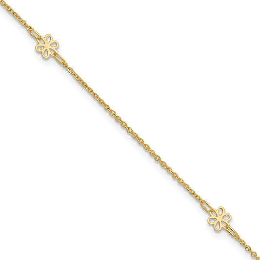 14K Polished Flowers 10in Plus 1in ext. Anklet