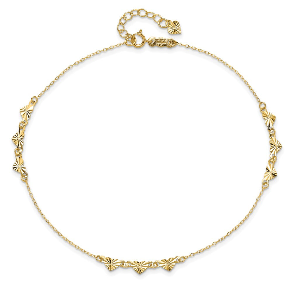 14K Diamond-cut Hearts 9in Plus 1in ext  Anklet