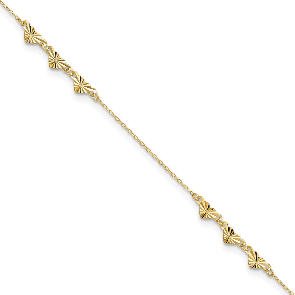14K Diamond-cut Hearts 9in Plus 1in ext  Anklet