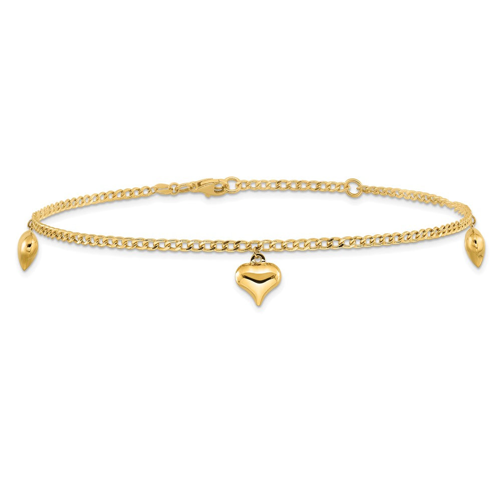 14K Polished 3 Puffed Heart 9in Plus 1in ext  Anklet