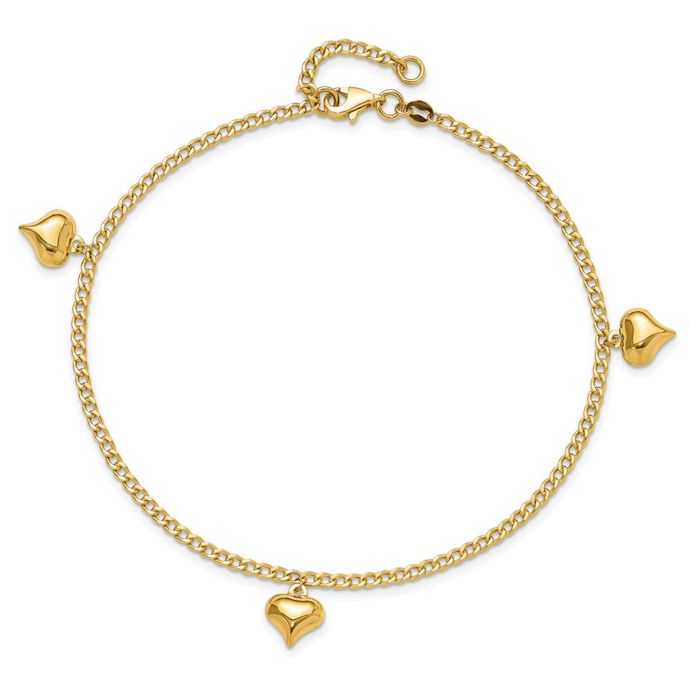 14K Polished 3 Puffed Heart 9in Plus 1in ext  Anklet