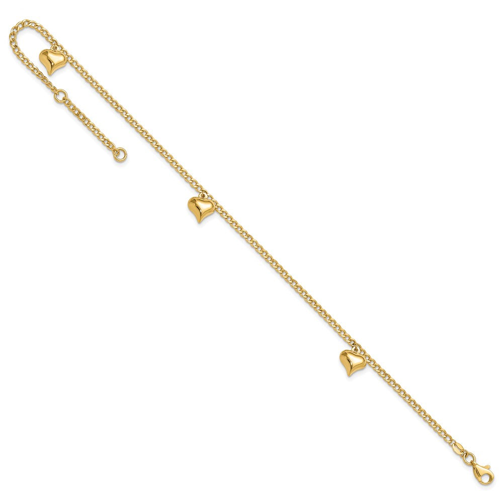 14K Polished 3 Puffed Heart 9in Plus 1in ext  Anklet