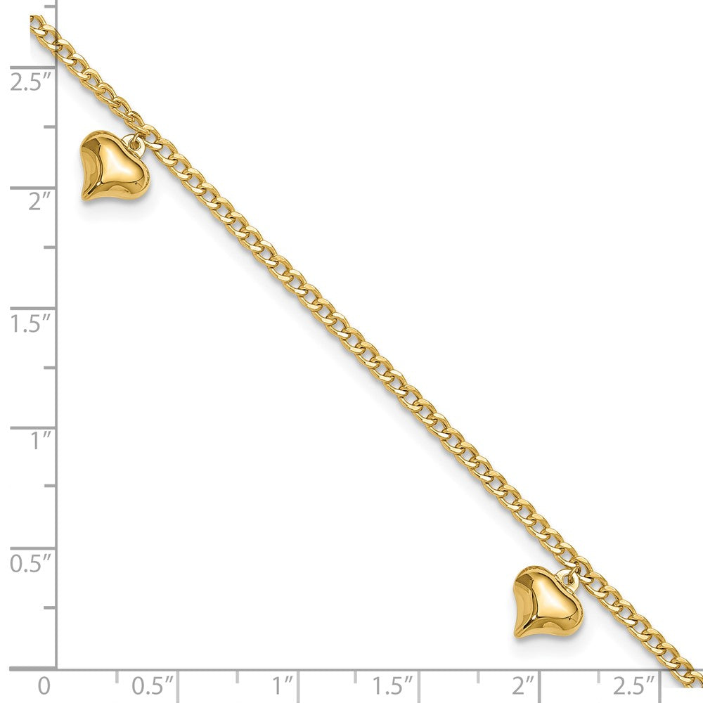 14K Polished 3 Puffed Heart 9in Plus 1in ext  Anklet