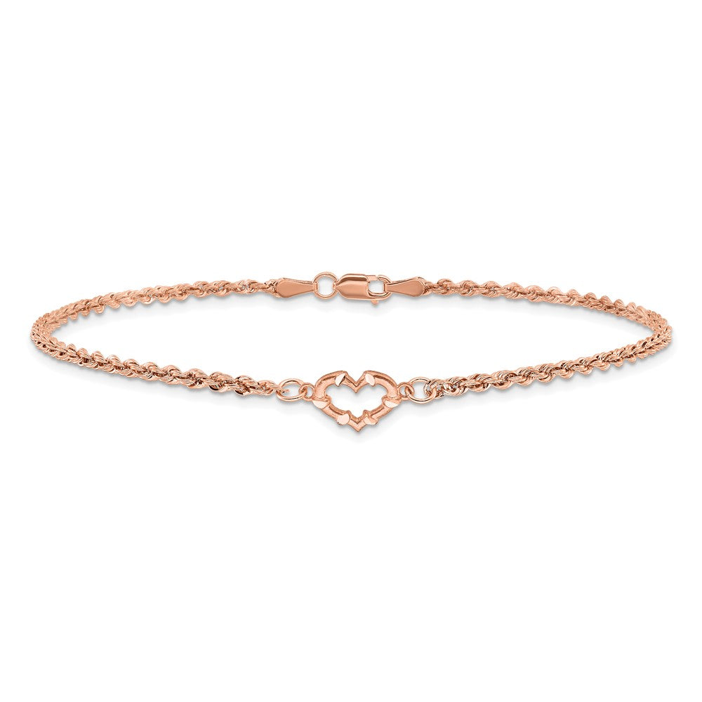14k Rose Gold Diamod-cut Rope with Heart 9in Anklet