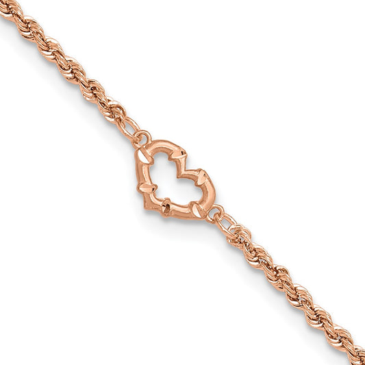 14k Rose Gold Diamond-cut Rope with Heart 11in Anklet