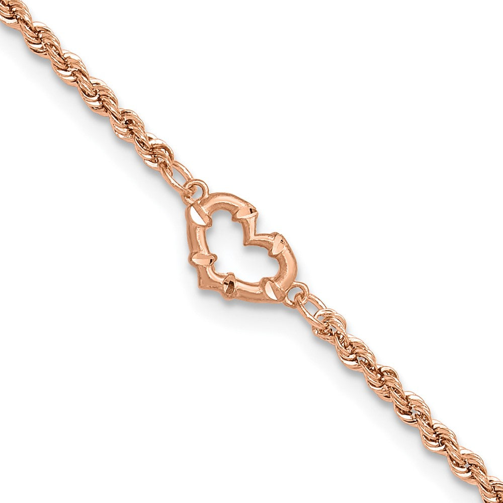 14k Rose Gold Diamond-cut Rope with Heart 10in Anklet