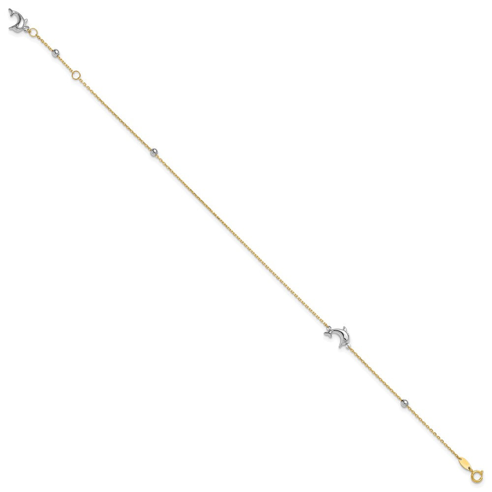 14K Two-tone Polished Dolphin 9in Plus 1in ext. Anklet