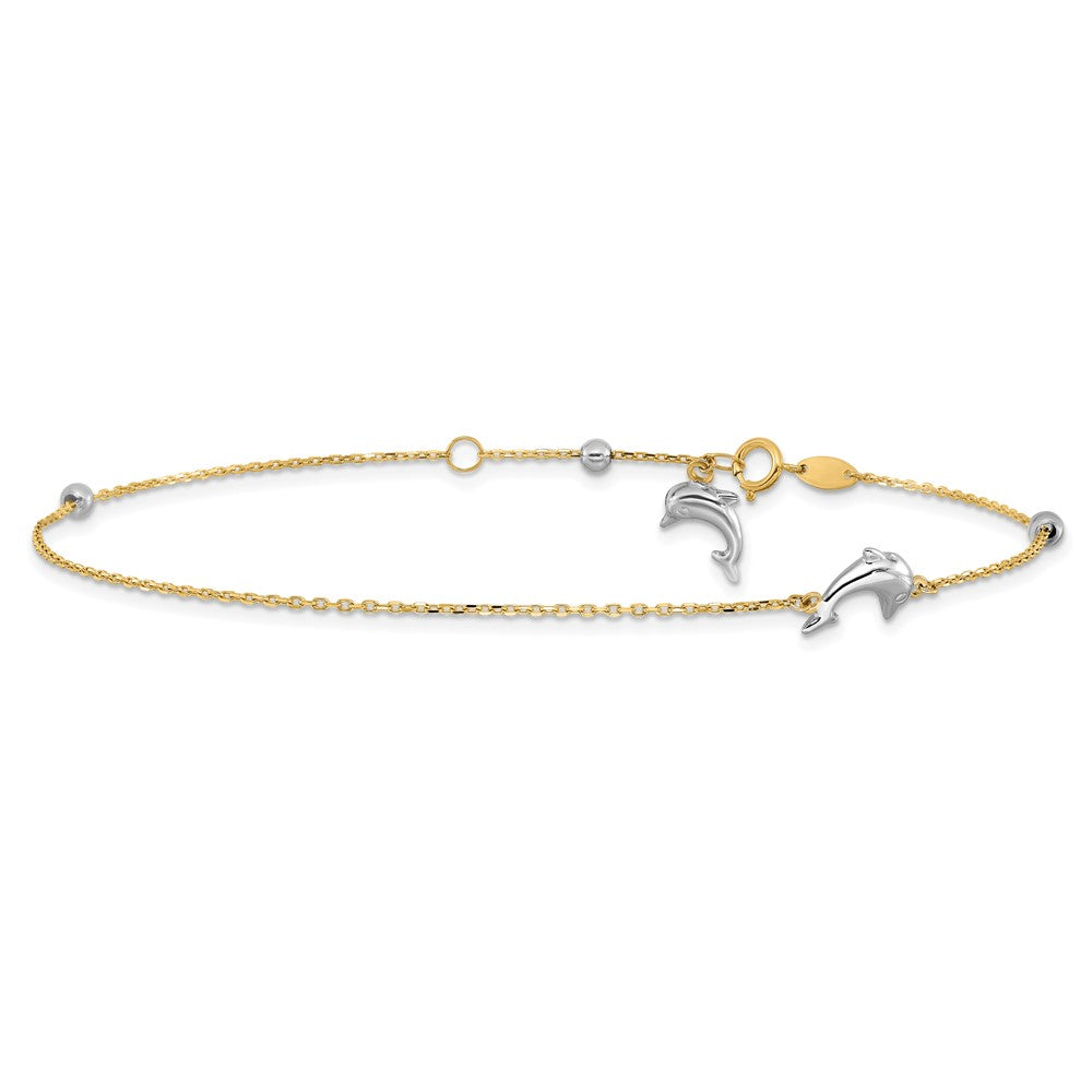 14K Two-tone Polished Dolphin 9in Plus 1in ext. Anklet