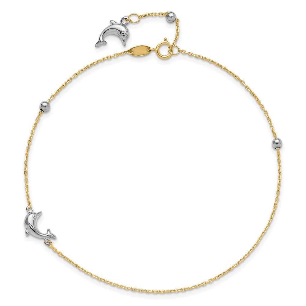 14K Two-tone Polished Dolphin 9in Plus 1in ext. Anklet