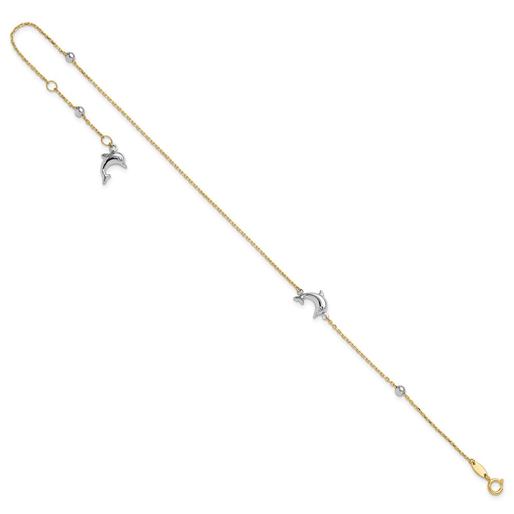 14K Two-tone Polished Dolphin 9in Plus 1in ext. Anklet