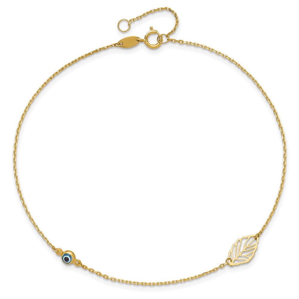 14k Leaf and Glass Eye Bead 9in Plus 1in Ext  Anklet