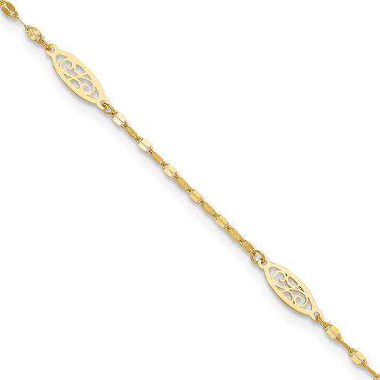14K Polished Fancy Filigree Link 9in Plus 1 in ext. Anklet