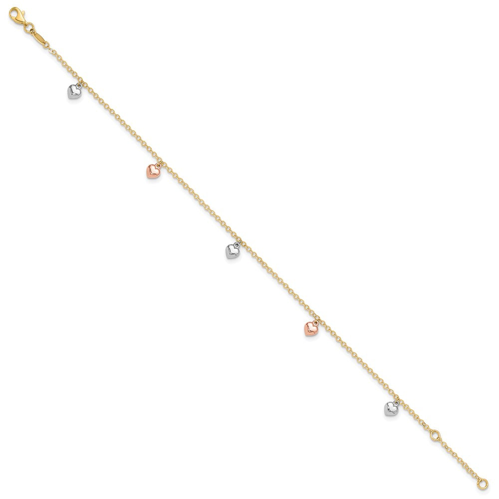 14K Tri-color Polished Hearts 9in Plus 1in ext. Anklet