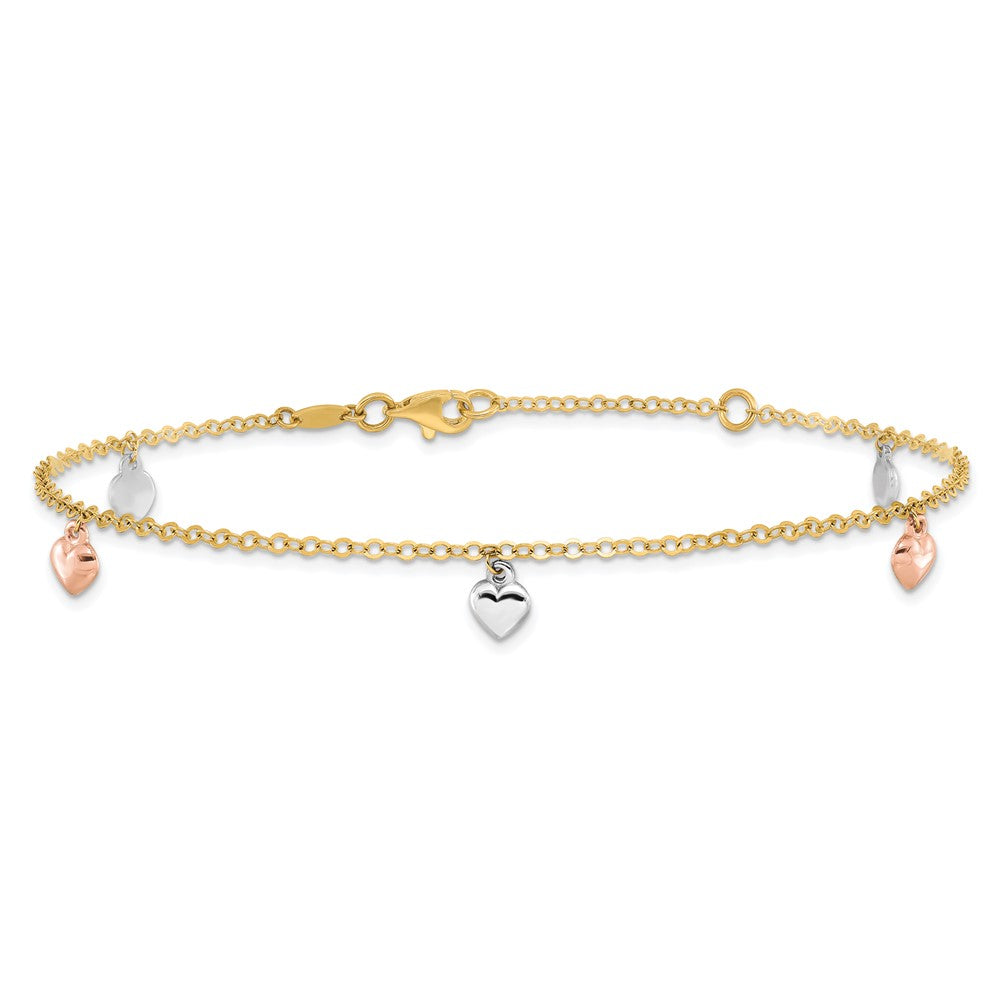 14K Tri-color Polished Hearts 9in Plus 1in ext. Anklet