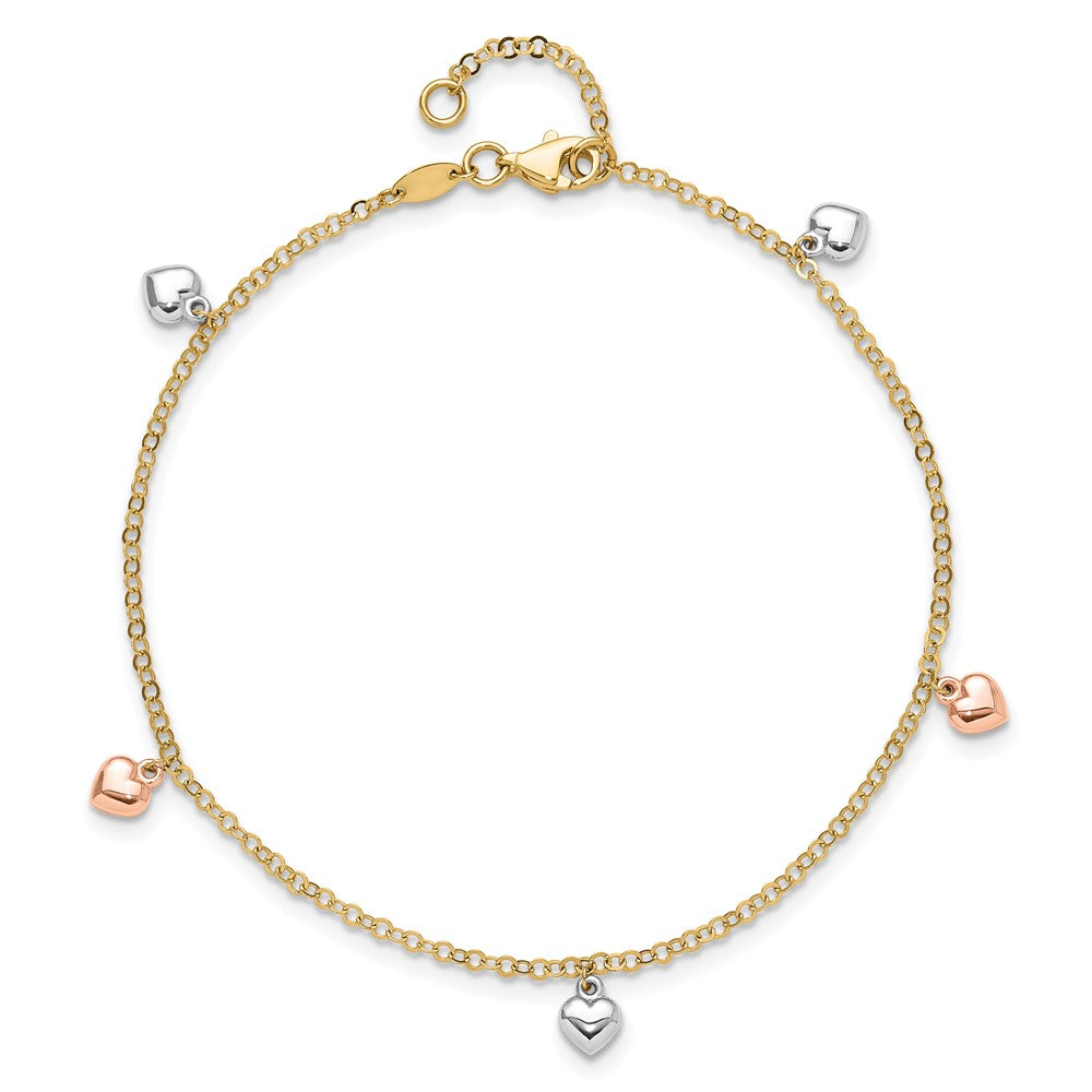 14K Tri-color Polished Hearts 9in Plus 1in ext. Anklet