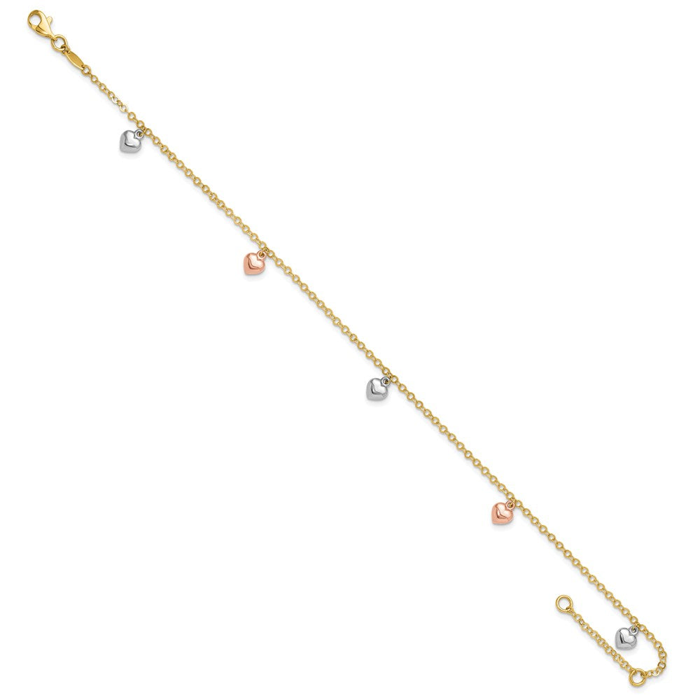14K Tri-color Polished Hearts 9in Plus 1in ext. Anklet