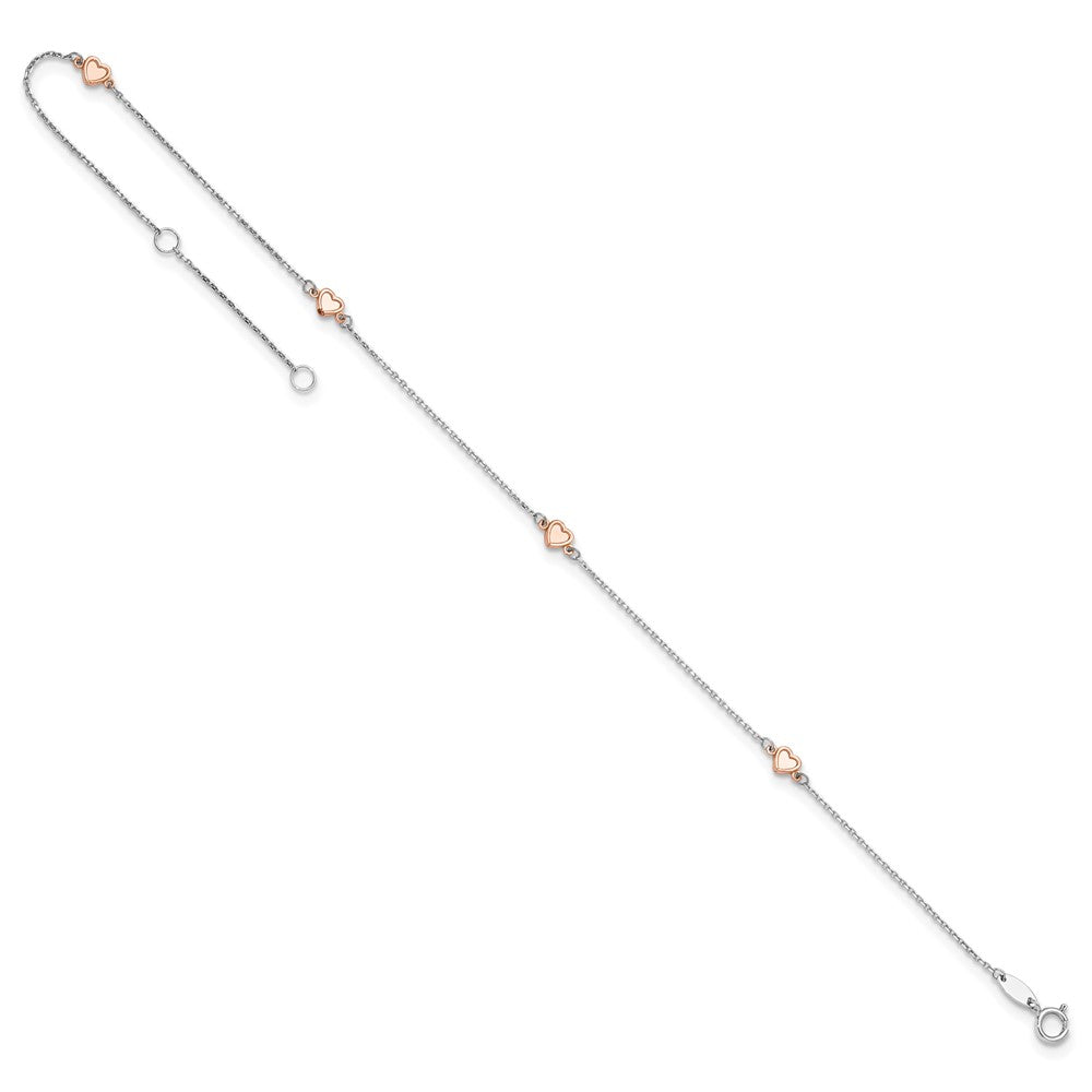 14K Two-tone White and Rose Satin Hearts 9in Plus 1in ext. Anklet