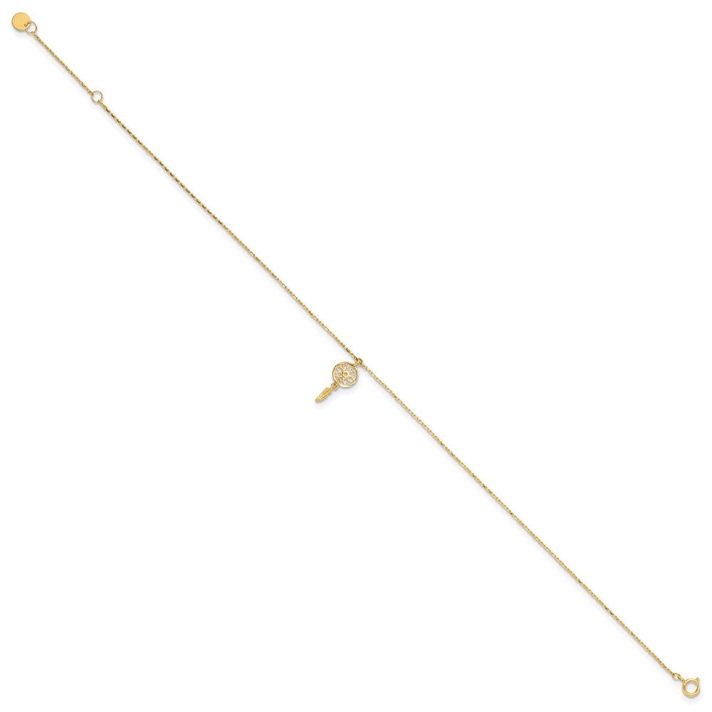 14K Polished Feather Dangle 9in Plus 1in ext. Anklet
