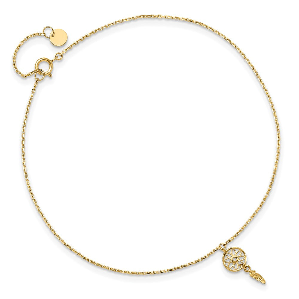14K Polished Feather Dangle 9in Plus 1in ext. Anklet