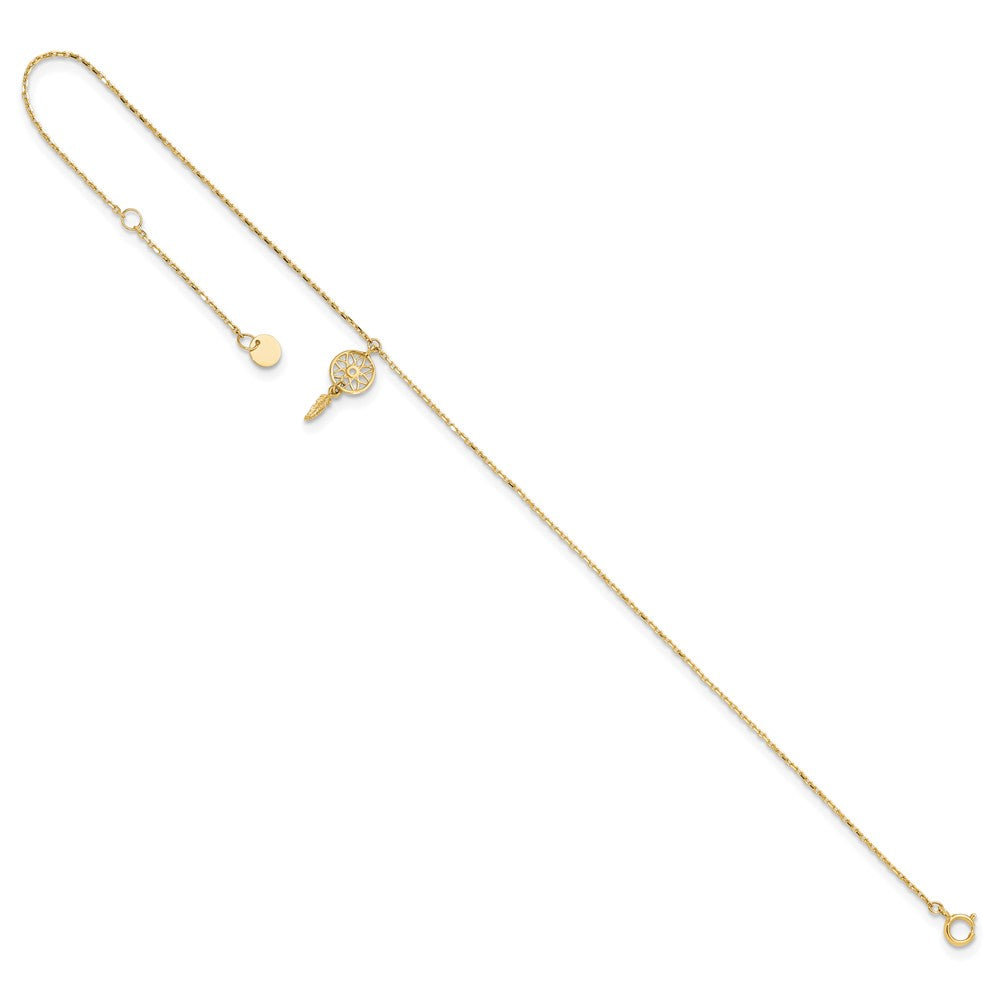 14K Polished Feather Dangle 9in Plus 1in ext. Anklet
