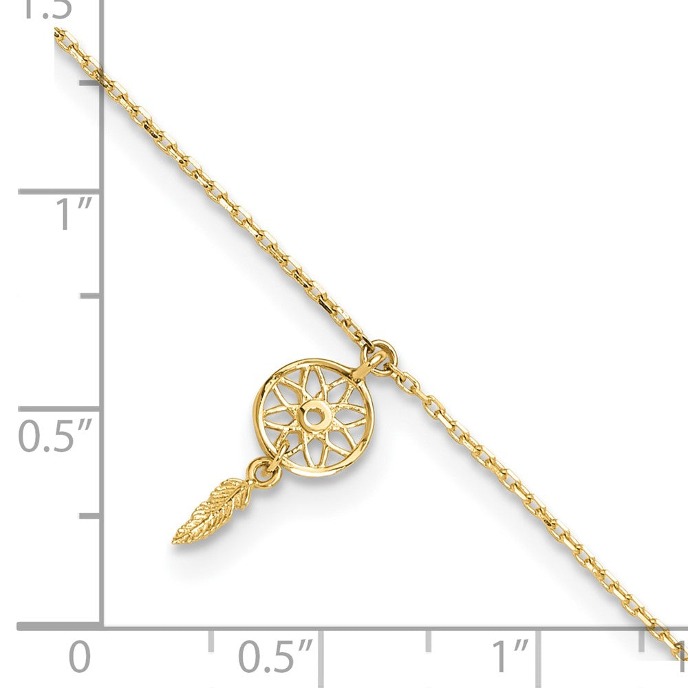 14K Polished Feather Dangle 9in Plus 1in ext. Anklet