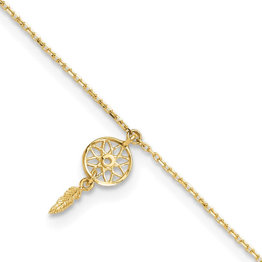 14K Polished Feather Dangle 9in Plus 1in ext. Anklet