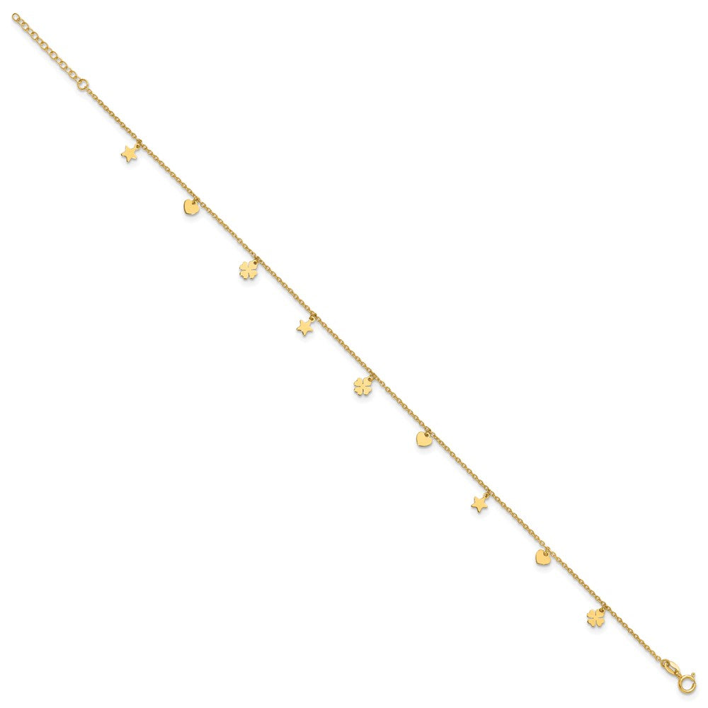 14K Polished Stars Hearts & Clovers 9in Plus 1in extension Anklet