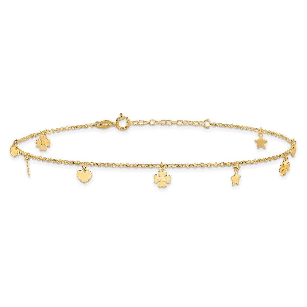 14K Polished Stars Hearts & Clovers 9in Plus 1in extension Anklet