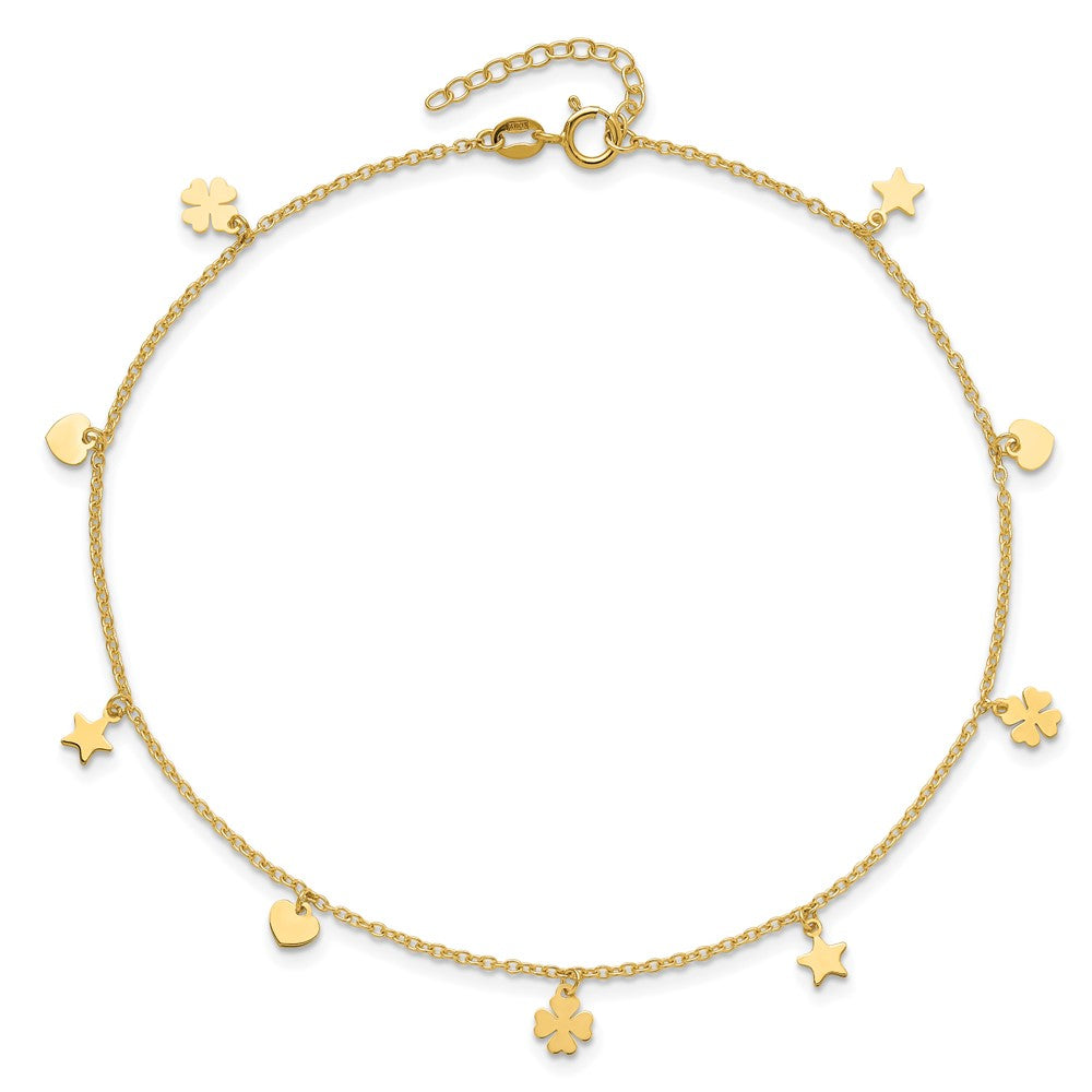 14K Polished Stars Hearts & Clovers 9in Plus 1in extension Anklet
