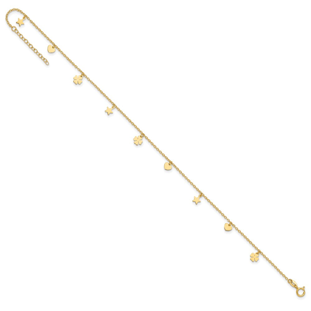 14K Polished Stars Hearts & Clovers 9in Plus 1in extension Anklet