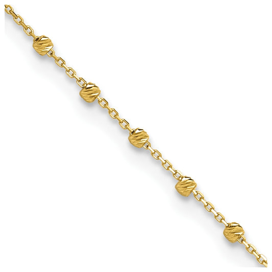 14K Polished Diamond-cut Beaded 9in Plus .75in ext. Anklet