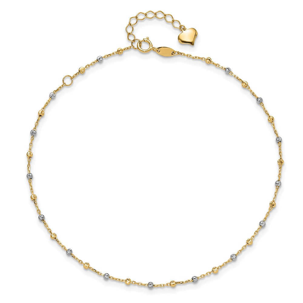 14K Two-tone Polished and Diamond-cut Beads 10in Plus 1in ext. Anklet