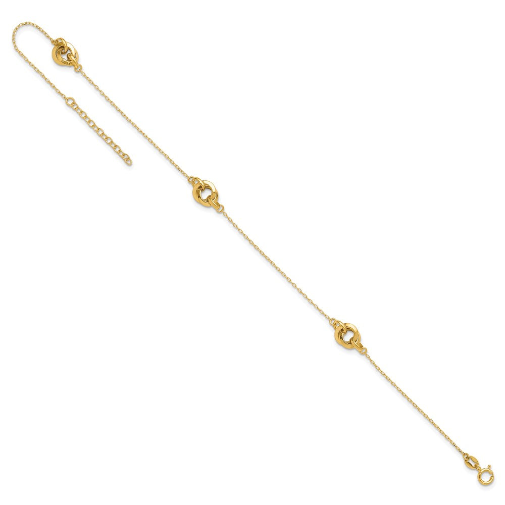 14K Polished Three Station Fancy Link 9in Plus 1in extension Anklet