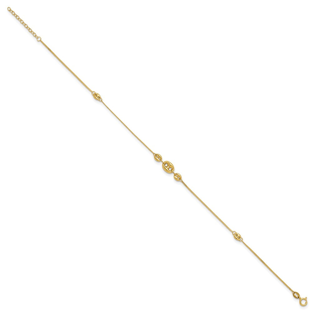 14K Polished Fancy Link Three Station 9in Plus 1in extension Anklet