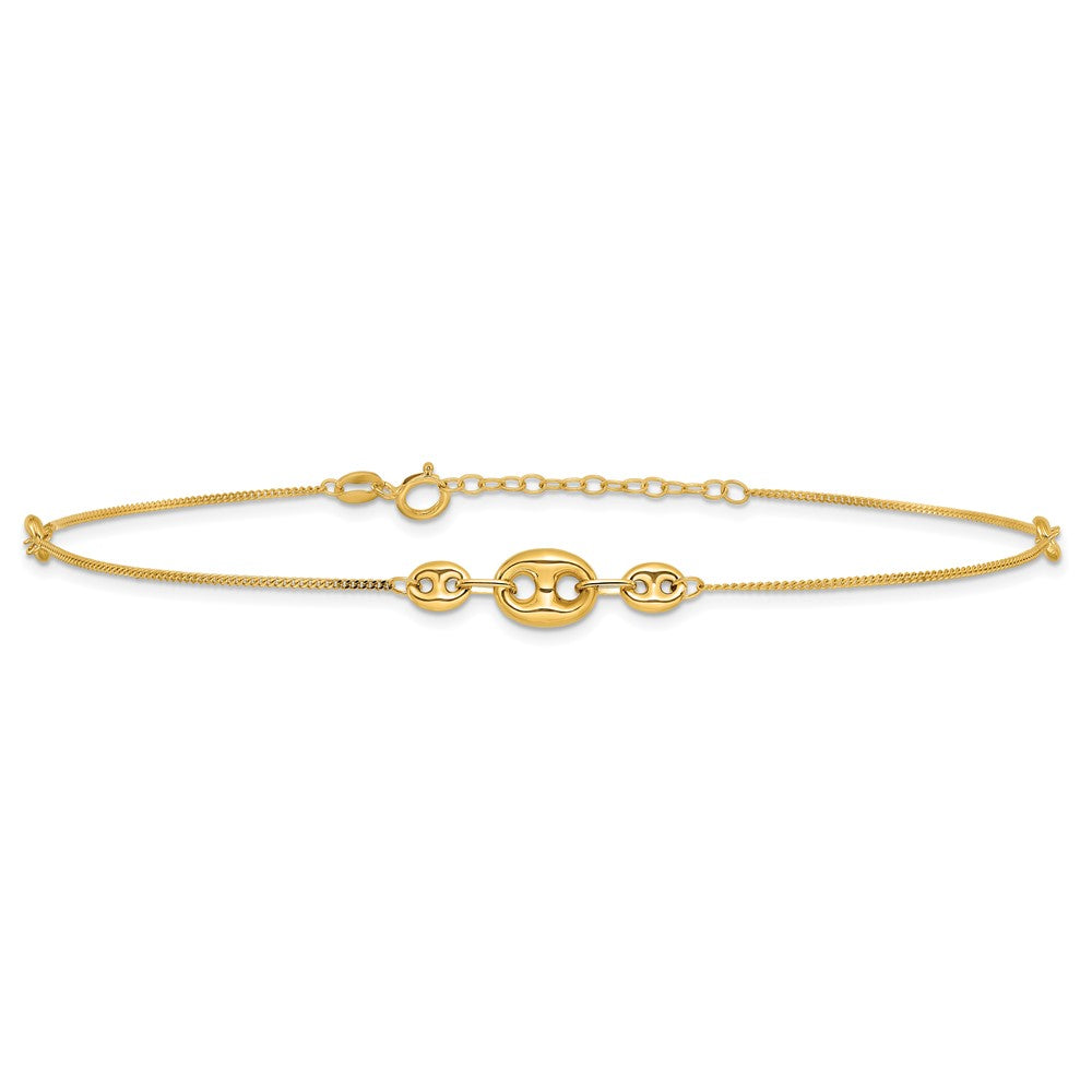 14K Polished Fancy Link Three Station 9in Plus 1in extension Anklet