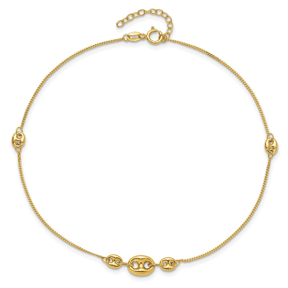 14K Polished Fancy Link Three Station 9in Plus 1in extension Anklet